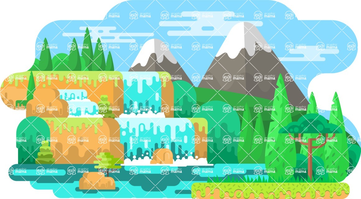 Vector Landscape Mega Bundle - Nature Landscape with Mountains and Waterfall Vector Background Illustration